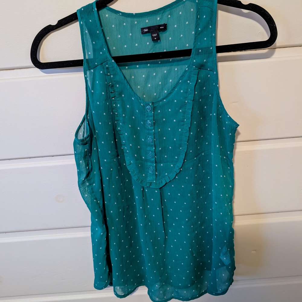 Gap Women's Green Sleeveless Sheer Top Size Medium Tank Top Stars & Ruffled Trim